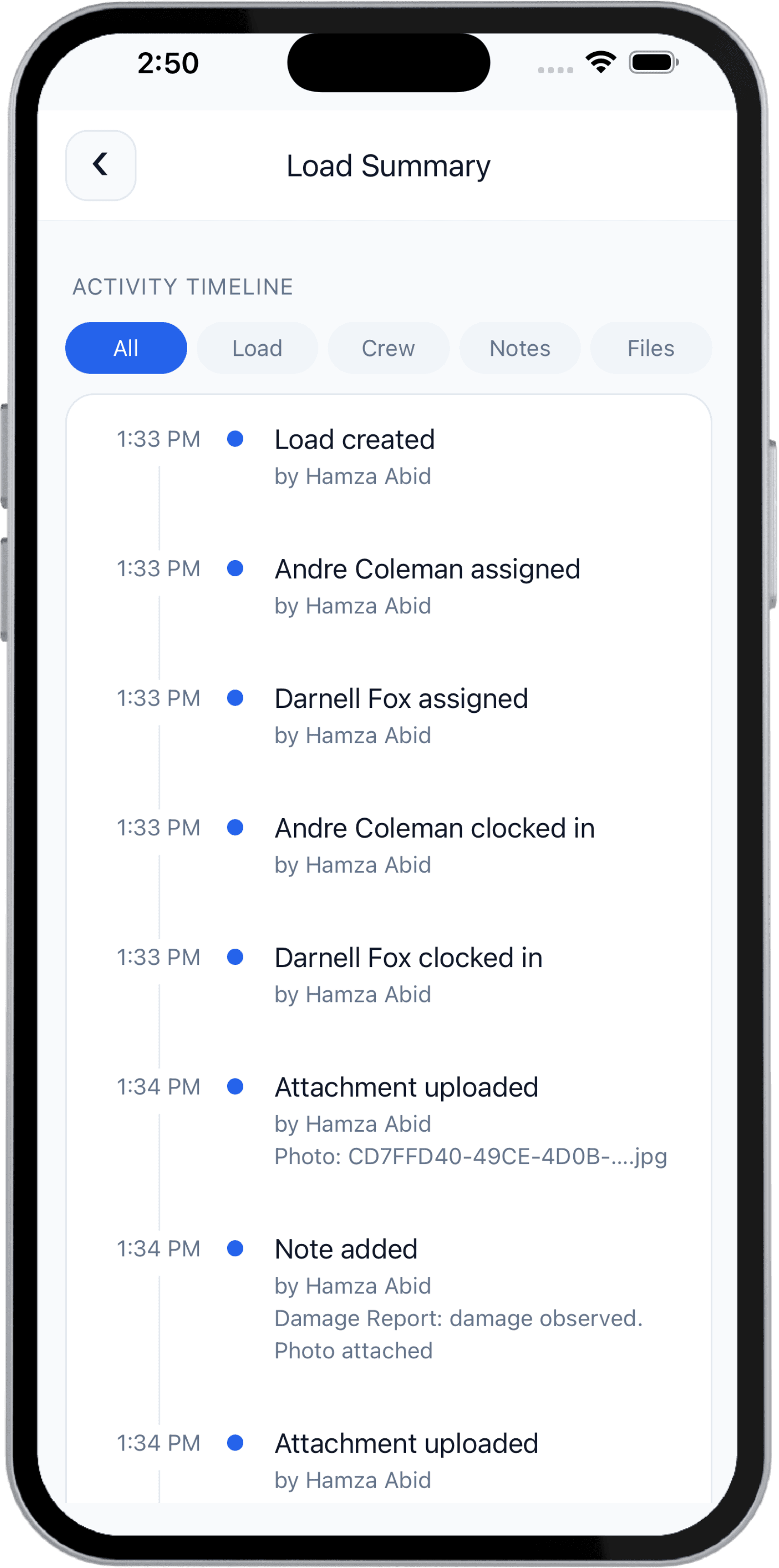 FOREMAN Load Summary showing the activity timeline: crew assigned, clock-ins, notes, and load detail updates